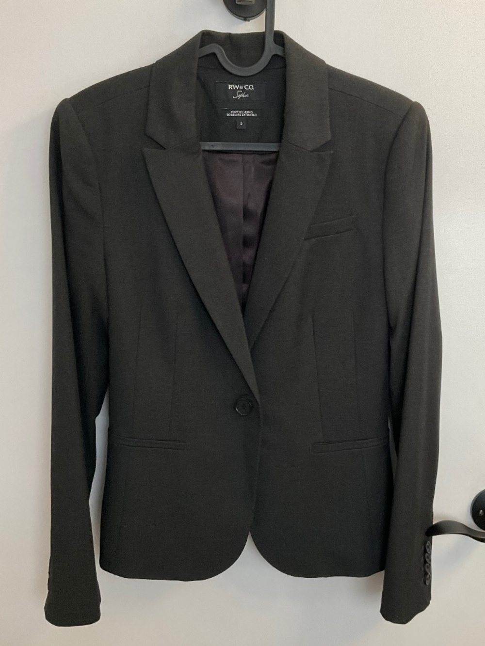 RW & Co. classic one button blazer with pink and purple lining, size 2